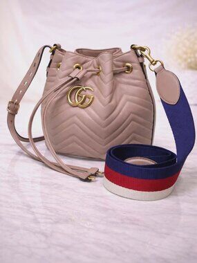 Authentic Gucci GG Marmont Matelassé Bucket Bag Pink Leather Drawstring